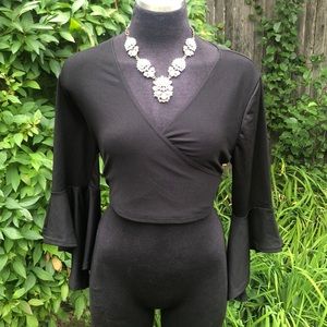 Missguided black wrap, flared sleeve crop top